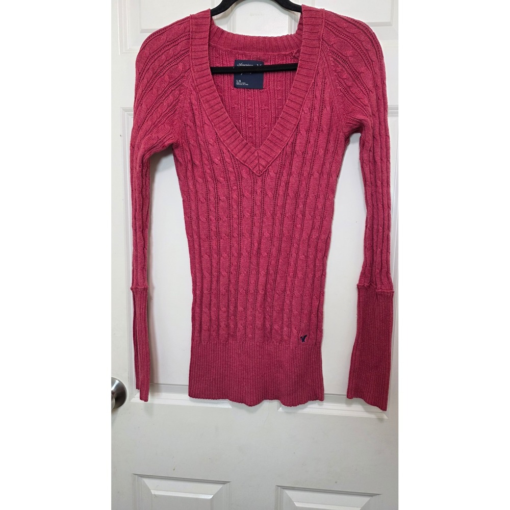 VTG American Eagle‎ Fisherman Cable Knit Sweater Womens L Pink V-Neck Long Sleev